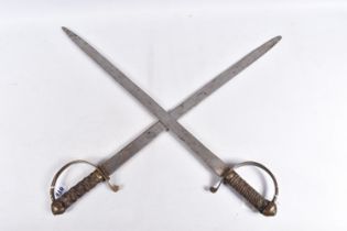 A PAIR OF 19TH/20TH CENTURY SWORDS WITHOUT SCABABRDS, both swords have wire band handles and