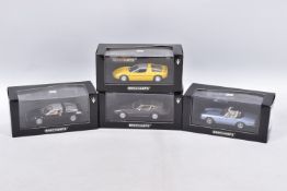 FOUR BOXED MINICHAMPS MASERATI 1:43 SCALE MODEL VEHICLES, the first is a Maserati Ghibli 1969,
