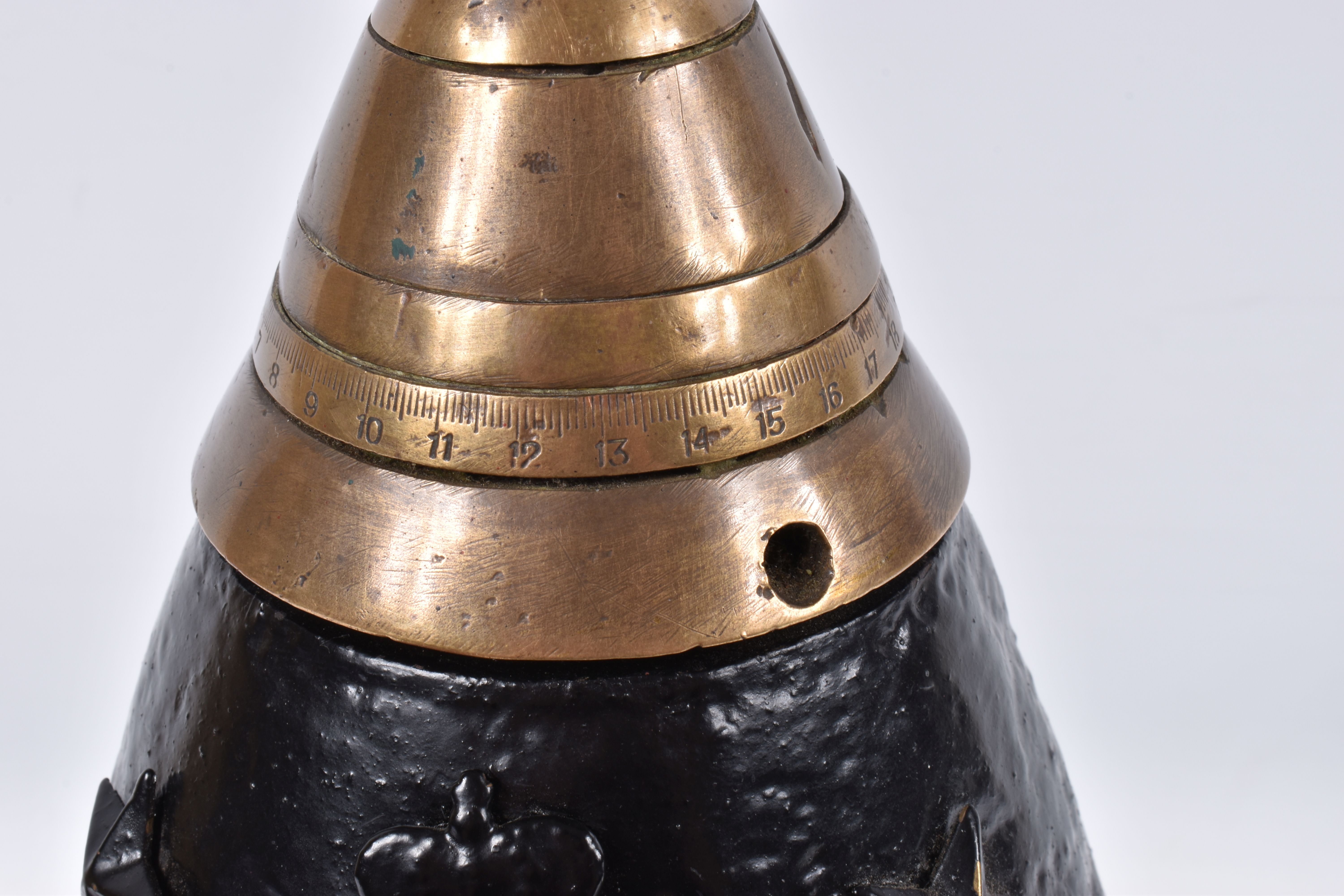 A TRENCH ART MANTLE CLOCK FORMED FROM A BOMB CASING, 19th century movement free from the case, - Image 7 of 11