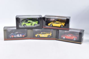 FIVE BOXED MINICHAMPS MCLAREN MODEL CARS 1:43 SCALE, to include, a F1 GTR 4 Le Mans, Bellm-