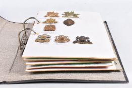 A BINDER CONTAINING VARIOUS CAP BADGES AND COLLAR BADGES FROM A VARIETY OF ERAS, these are a mix