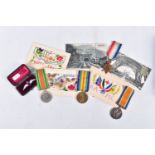 A 1914-15 TRIO OF MEDALS, RAF pin badge, WWII defence medal and five postcards, the WWI trio is