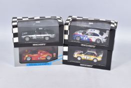 FOUR BOXED MINICHAMPS 1:43 SCALE MODEL VEHICLES, the first is a Ferrari 333 SP IMSA-WSC 1994,