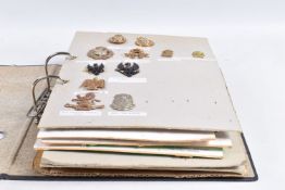 A BINDER CONTAINING VARIOUS CAP BADGES AND COLLAR BADGES FROM VARIOUS ERAS, these include brass