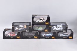 EIGHT BOXED IXO MODEL VEHICLES 1:43 SCALE, to include a MG Metro 6R4 in red and white #19, RAC 1986,