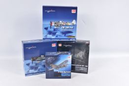 FOUR BOXED HOBBYMASTER AIR POWER SERIES DIECAST MODEL AIRCRAFTS, the first is a P-40 Kittyhawk, 1:72