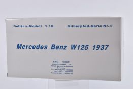 A BOXED CMC SOLITAIR MODELL 1:18 SCALE MERCEDES BENZ W125 1937 MODEL VEHICLE, numbered M-031, silver