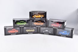 EIGHT BOXED MINICHAMPS VEHICLES 1:43 SCALE, to include a Ford Escort I RS1600, 'AVO-Clubman Red
