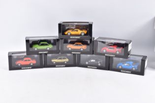EIGHT BOXED MINICHAMPS VEHICLES 1:43 SCALE, to include a Ford Escort I RS1600, 'AVO-Clubman Red