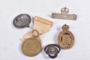 A SELECTION OF WWI RELATED BADGES, A RED CROSS MEDAL AND OTHERS, the badges include a silver war