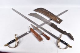 TWO BRITISH CEREMONIAL DRESS SWORDS AND TWO OTHER KNIVES, the swords measure approximately 97cm