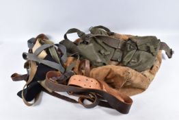 A QUANTITY OF MILITARY KIT, including webbing, Sam Browne belt, holdall and other vets, the