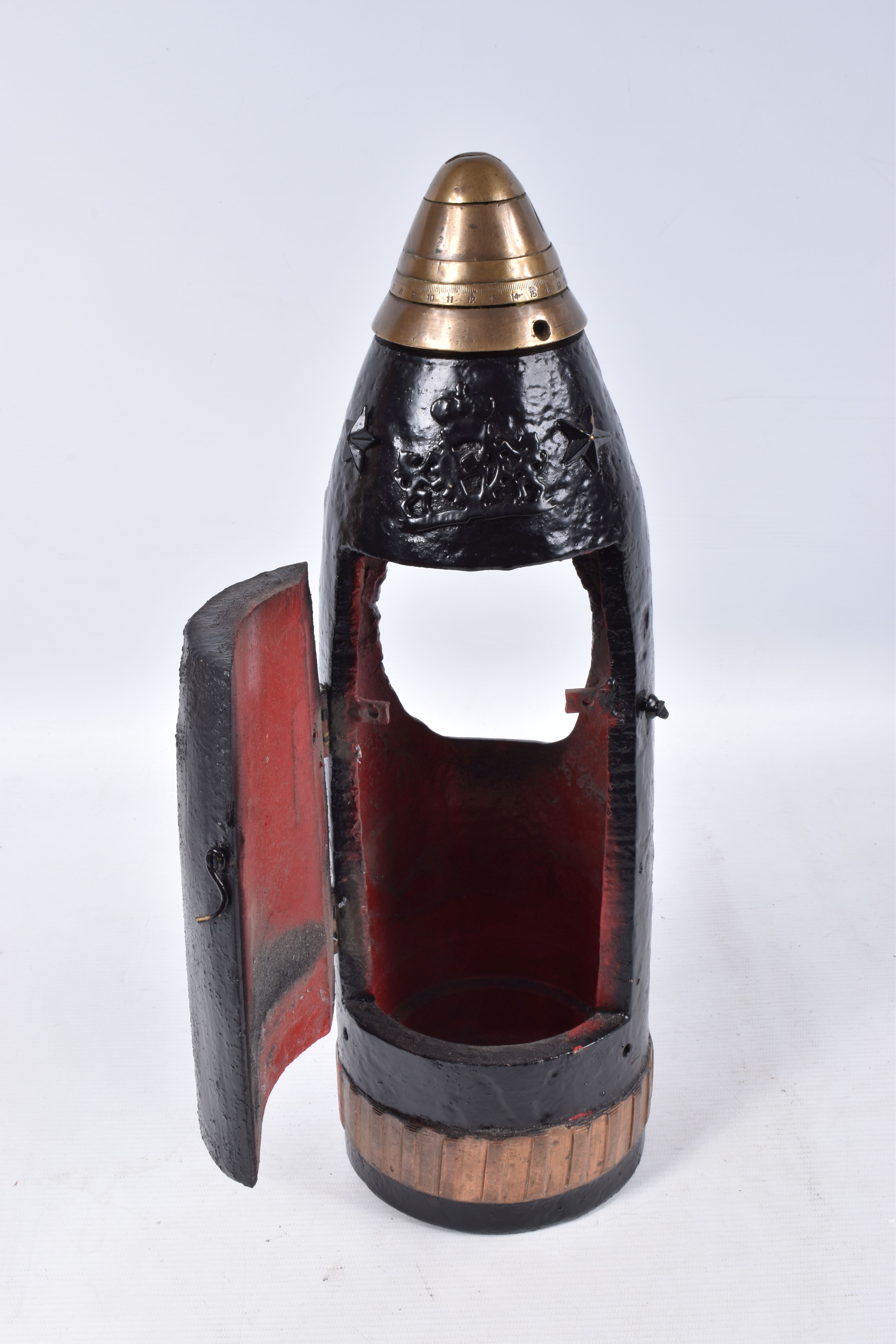 A TRENCH ART MANTLE CLOCK FORMED FROM A BOMB CASING, 19th century movement free from the case, - Image 5 of 11