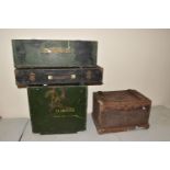 FOUR VARIOUS WOODEN MILITARY BOXES, the first and largest is a green travel container, wooden