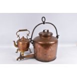 A LATE 19TH EARLY 20TH CENTURY COPPER HOT WATER URN, ARTS AND CRAFTS STYLE KETTLE AND BRASS