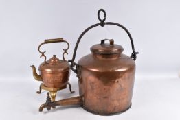 A LATE 19TH EARLY 20TH CENTURY COPPER HOT WATER URN, ARTS AND CRAFTS STYLE KETTLE AND BRASS