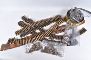 A SELECTION OF LOOSE INERT BULLETS, BULLET BELTS AND LEATHER BULLET BELT HOLDER, the spent bullets