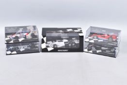 FIVE BOXED MINICHAMPS 1:43 SCALE MODEL VEHICLES, the first is a March Ford 2-4-0 Six-Wheeler 1976,