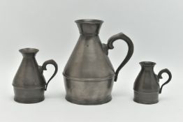 A SET OF THREE PEWTER HAYSTACK MEASURES, largest measuring approximately 150mm height, smallest