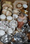 ONE BOX OF CERAMICS AND SILVERPLATE, to include a pair of silverplate posy vases, marked F.C &
