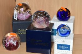 FIVE CAITHNESS GLASS PAPERWEIGHTS, comprising four boxed 'Pink Champagne', 'Moonflower', 'Cauldron',