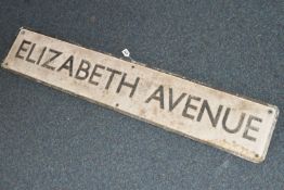 A CAST METAL STREET SIGN, reading 'Elizabeth Avenue', measuring approximately 122cm x 23cm x depth
