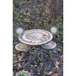 A METAL CIRCULAR GARDEN TABLE, with a tile insert, 70cm diameter x height 75cm, and two matching