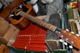 THREE BOXES AND LOOSE GUITAR, BOOKS, PICTURES AND SOFT TOYS, to include an acoustic guitar with