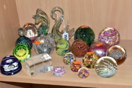 A COLLECTION OF PAPERWEIGHTS, to include three Mdina examples - one in the form of a seahorse, a