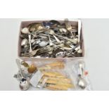 A BOX OF SILVER AND WHITE METAL CUTLERY, to include two silver fiddle pattern teaspoons, two old