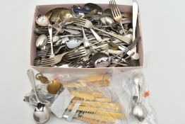 A BOX OF SILVER AND WHITE METAL CUTLERY, to include two silver fiddle pattern teaspoons, two old