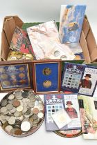 A CARDBOARD BOX OF COINS AND COMMEMORATIVES, to include 3x Silver Proofs 1994 of Seychelles and