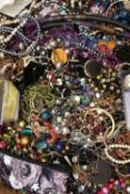 A LARGE BOX OF ASSORTED COSTUME JEWELLERY, to include beaded necklaces, bracelets, bangles, a floral