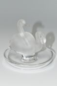A LALIQUE SWAN RING DISH, a Lalique glass ring dish modelled as opaque swan, etched Lalique-