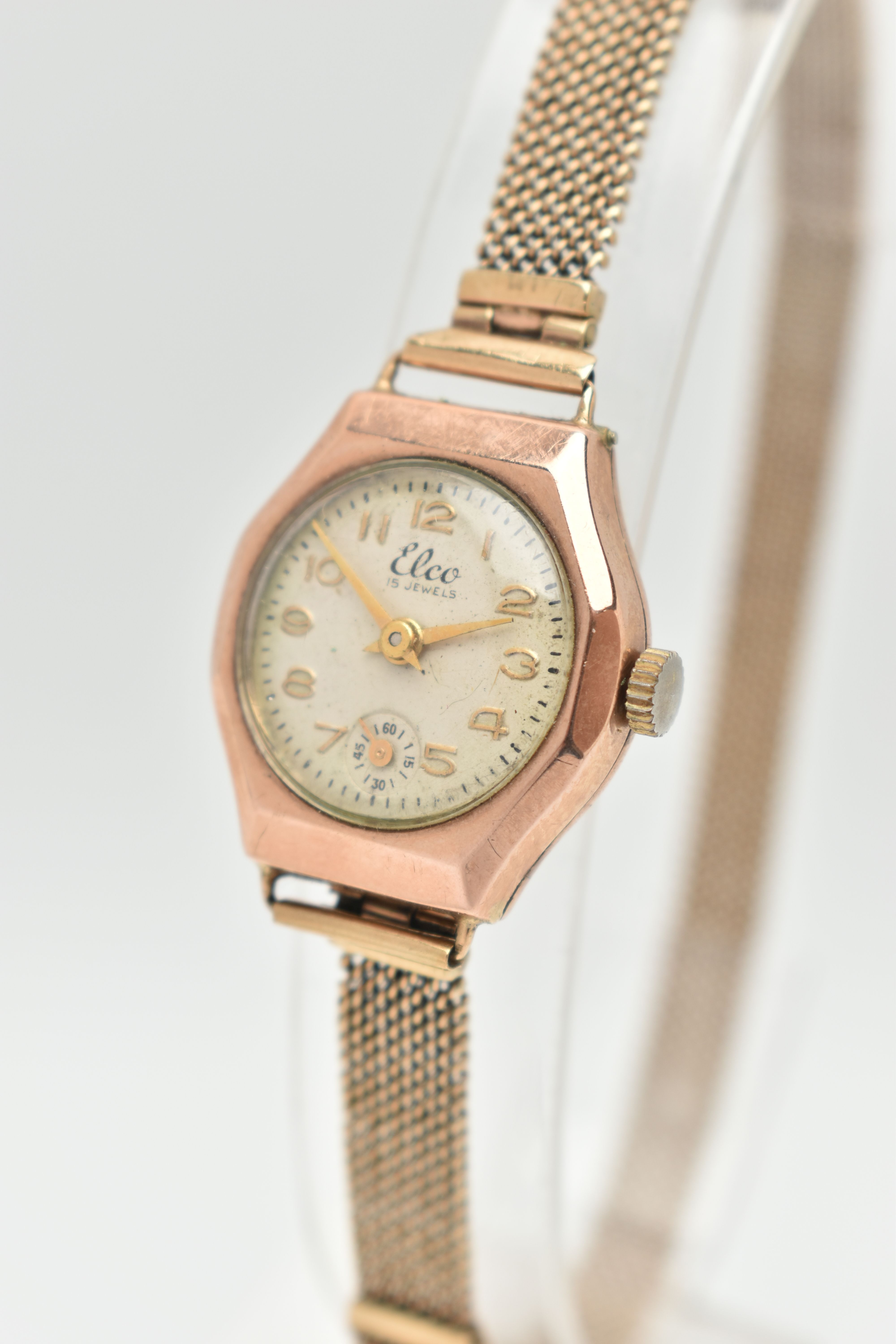 A 9CT GOLD WRISTWATCH, hand wound movement, round dial signed 'Elco' 15 jewels, Arabic numerals, - Image 3 of 6