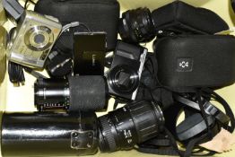 A BOX OF PHOTOGRAPHIC EQUIPMENT ETC AND LARGE BLACK HOLDALL, to include a digital Panasonic DMC-TZ80