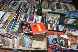 SIX BOXES AND LOOSE CDS AND DVDS, over three hundred CDs by artists to include Queen, UB40,