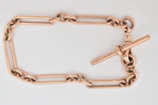 A YELLOW METAL BRACELET, the fetter link bracelet with T bar and lobster claw clasp, approximate