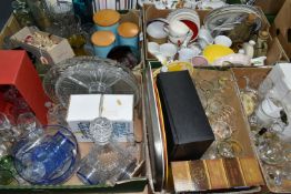 FIVE BOXES OF GLASS, CERAMICS AND SUNDRY ITEMS, to include a boxed Royal Crystal Rock 'Ofelia'