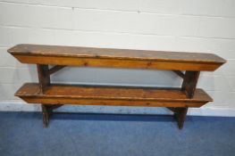 A PAIR OF 19TH CENTURY PINE BENCHES, from Acresford Methodist Church, with trestle legs, length
