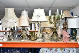 A LARGE QUANTITY OF TABLE LAMPS, SHADES AND CEILING LIGHTS, comprising a six flame gilt metal
