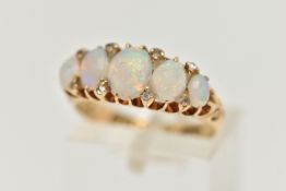 A LATE 19TH CENTURY FIVE STONE RING, five oval graduating opals, prong set in yellow gold, set