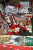 THREE BOXES OF ASSORTED CHRISTMAS DECORATIONS AND A BOXED ARTIFICIAL 4FT CHRISTMAS TREE, including
