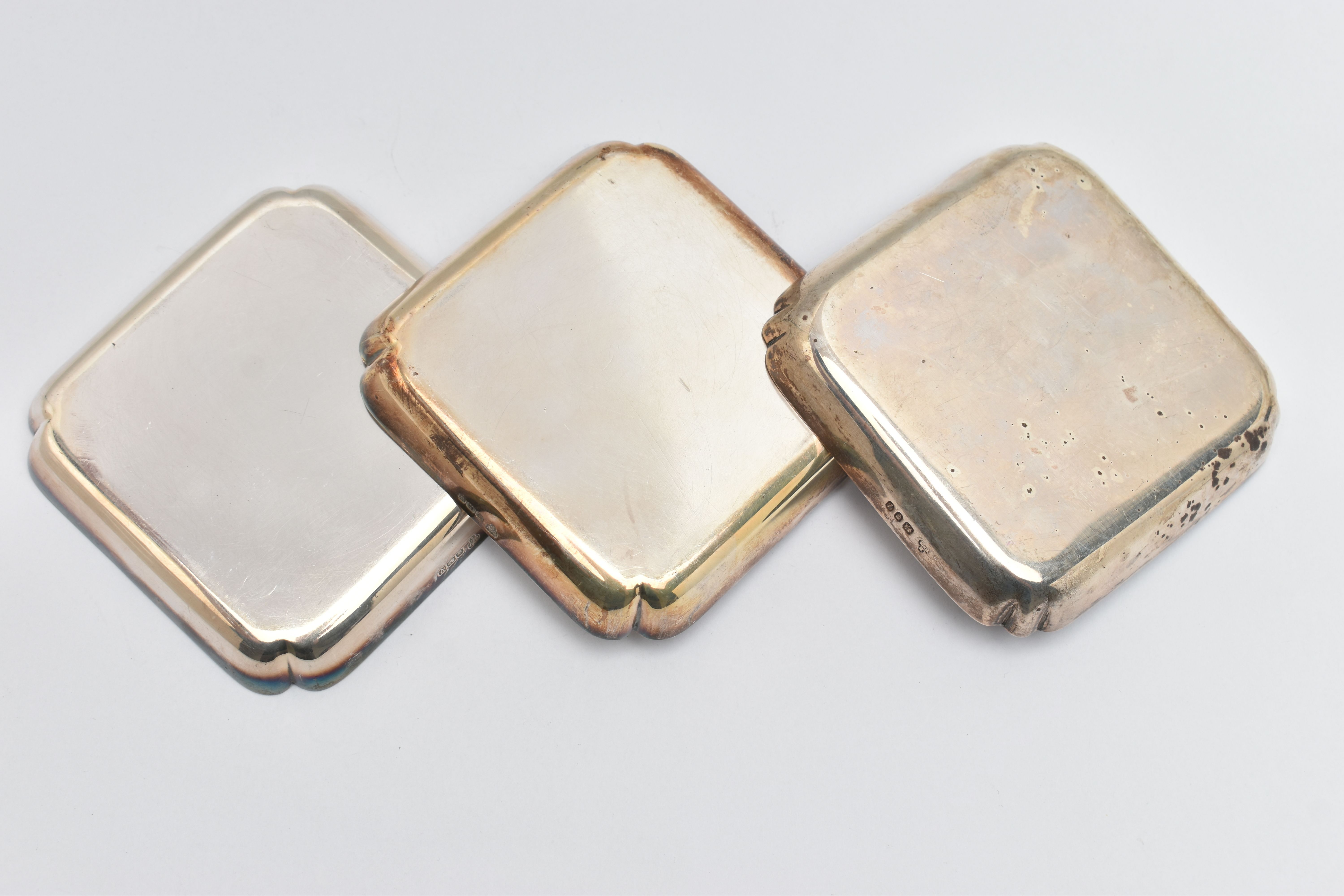 THREE SILVER PRESENTATION DISHES, each of a square form, personal engravings to each reading 'L.S. - Image 2 of 3