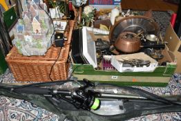 TWO BOXES AND LOOSE METALWARES, BASKETS, FISHING ROD AND SUNDRY ITEMS, to include boxed Elkington