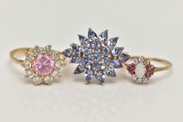THREE GEM SET RINGS, to include a tanzanite cluster ring, prong set in yellow gold, hallmarked 9ct