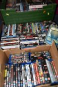 FOUR BOXES OF DVDS AND BLU-RAYS, some sealed, to include feature films, TV box sets, music, sport