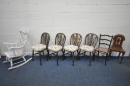 A SELECTION OF CHAIRS, to include a set of four 20th century oak wheel back chairs, an oak hall