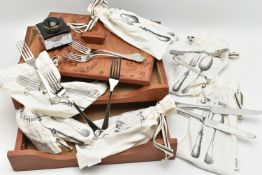 A WALNUT DRAW AND CUTLERY WITH A 'MONTBLANC' INK WELL, draw together with six cutlery bags of Robert