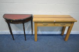 A MODERN SOLID OAK SIDE TABLE, with two frieze drawers, width 110cm x depth 40cm x height 76cm,